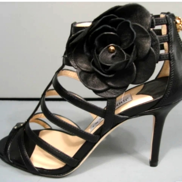 Authentic Jimmy Choo Black Leather Opaque Flower Cage Sandals - Picture 2 of 13